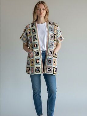 By Together  Crochet Granny Square Cardigan Pastel Multicolor One Size New
